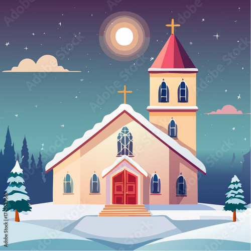 Snowy church with moonlit sky and evergreen trees