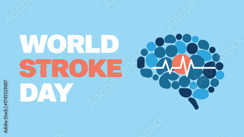 Vector art of world stroke day text and abstract brain graphic with heartbeat line on blue background
