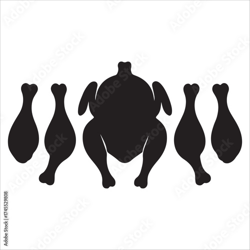 This image is a minimalist, black and white silhouette illustration. It features a whole chicken in the center, with four chicken legs flanking it on either side. The overall impression is of a raw ch