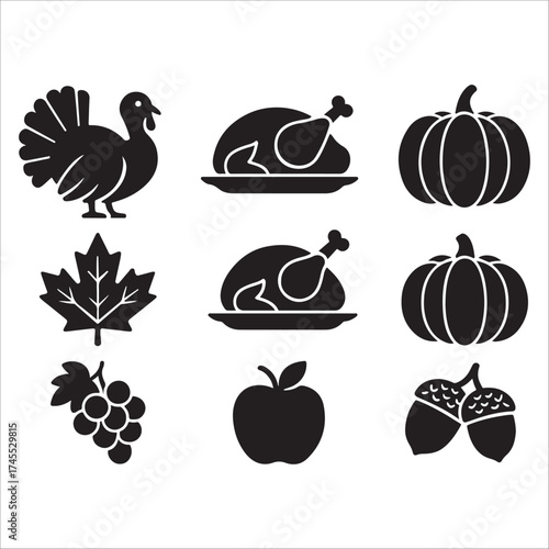 This is a collection of black and white silhouette icons associated with Thanksgiving. It includes a turkey, two roasted chickens, two pumpkins, a maple leaf, grapes, an apple, and acorns, all rendere
