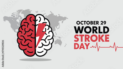 Vector art of world stroke day world stroke day illustration 29 graphic with split brain, lightning bolt, and world map background