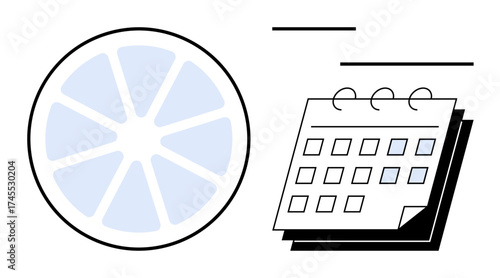 Circular segmented diagram beside a spiral-bound calendar symbolizes time management, planning, and idea generation. Ideal for scheduling, productivity, planning, organization, teamwork, strategy