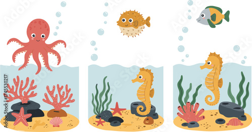 Cute underwater animals, cartoon octopus seahorse puffer fish and coral reef scene for kids, colorful marine ocean life, vector illustration