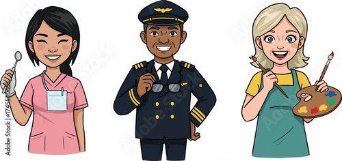 Diverse professional characters, dentist pilot and artist smiling, cartoon career people illustration for education and job concept, vector illustration