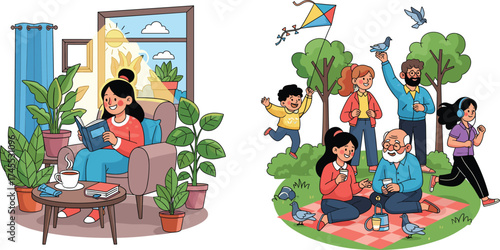 Family leisure and relaxation concept, reading at home and enjoying park picnic together, colorful cozy lifestyle vector illustration