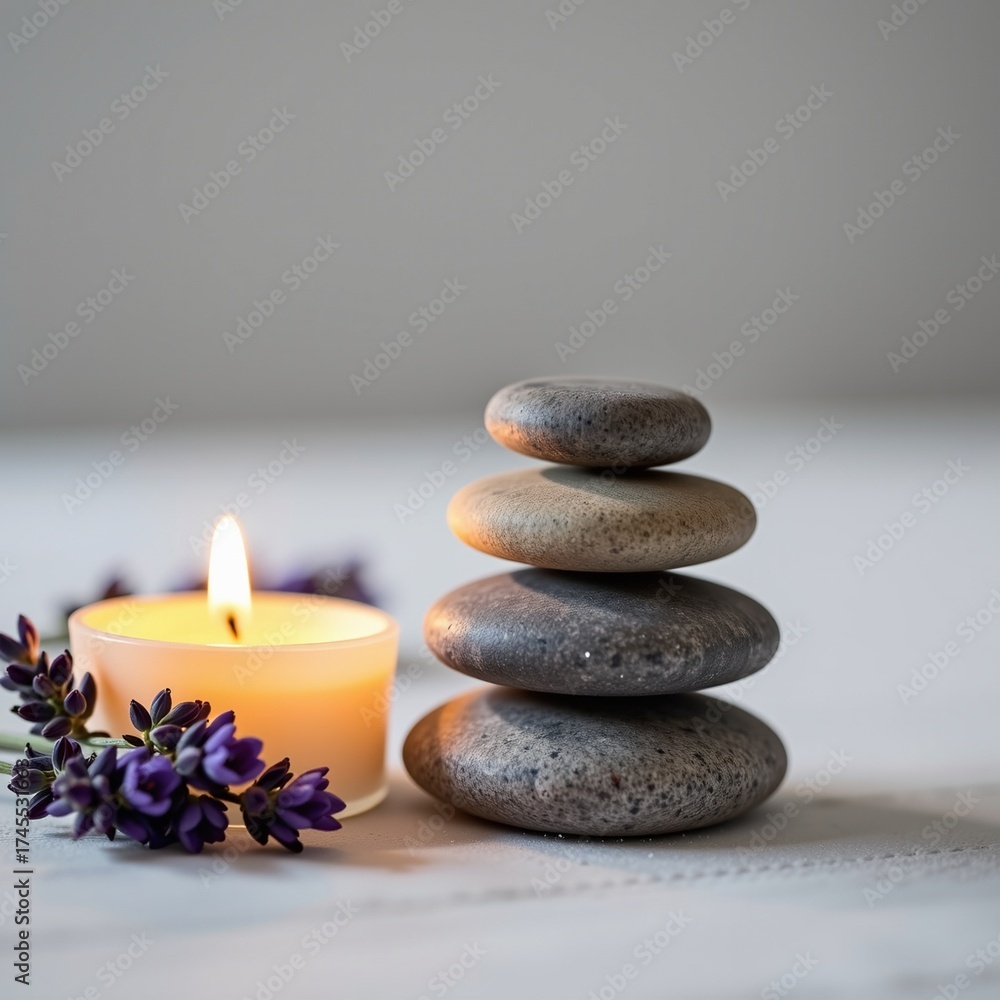 Obraz premium Relaxing Spa Scene with Stones Candle and Lavender