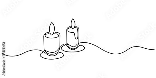 One continuous line drawing of candle vector illustration. Candle continuous line art. Burning candle one line drawing. Warmer, lamp, interior concept. One line Icon drawing with white background
