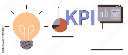 Lightbulb for ideas, pie chart, and KPI dashboard with bar charts representing insights, analytics, and data-driven performance. Ideal for business strategy, planning, metrics, analysis creativity