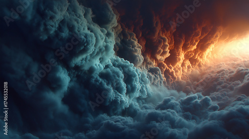 A large cloud of smoke with a bright orange sun in the middle