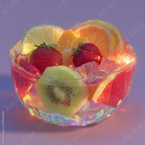 A bowl of fruit with a kiwi and a strawberry