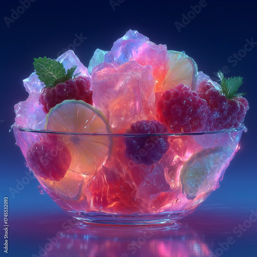 A bowl of fruit with a lime and raspberries