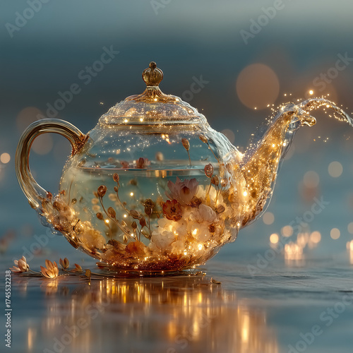A teapot with flowers in it is lit up