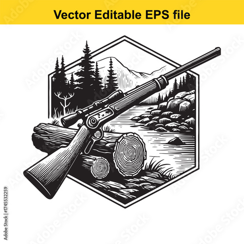Vector art of hunting rifle resting on logs near a river and forest