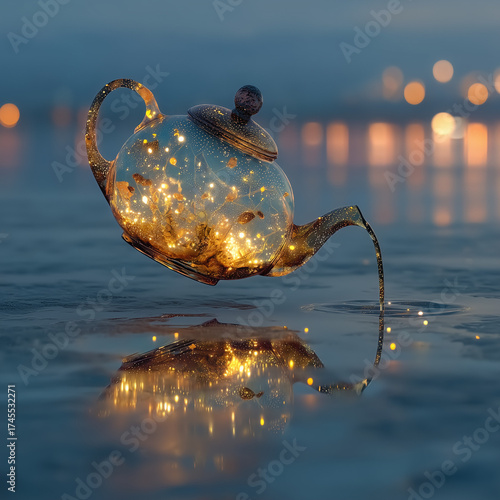 A teapot is floating in the water with a light inside
