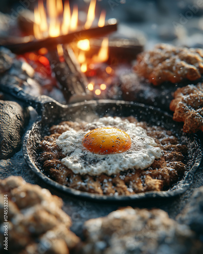 A fried egg is in a pan on a rock