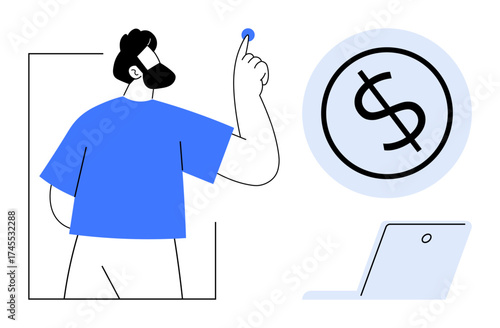 Man interacting with currency icon, representing money management. Ideal for finance, savings, investment, budgeting, online payment, business strategy economic success. Minimalist simple flat