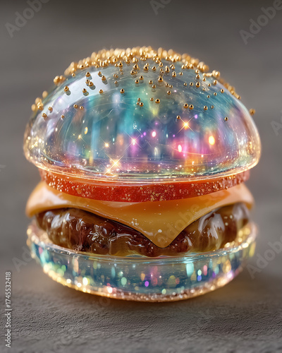 A burger is in a glass container