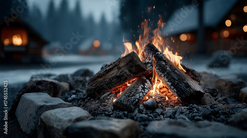 A fire is burning in a pile of wood