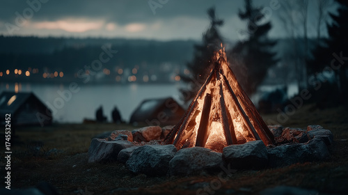 A fire is burning in a fire pit