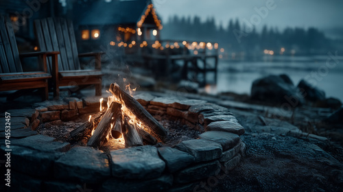 A fire is burning in a stone fireplace