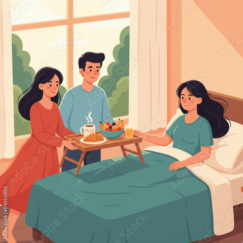 A friend visits a woman. A friend who is shopping visits a woman lying in a hospital bed.