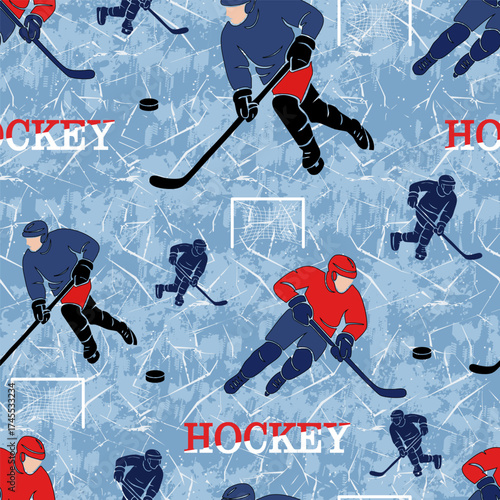 Dynamic seamless hockey pattern with ice texture, players, and pucks. Ideal for sport apparel, textile design, and energetic athletic backgrounds.