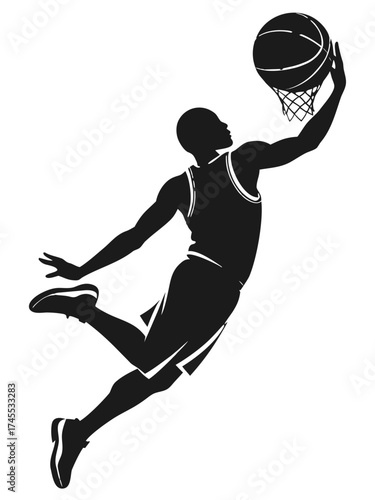 Vector illustration of a single professional basketball player black silhouette performing a slam dunk with a ball, symbolizing power, skill, athleticism, and dynamic sports energy