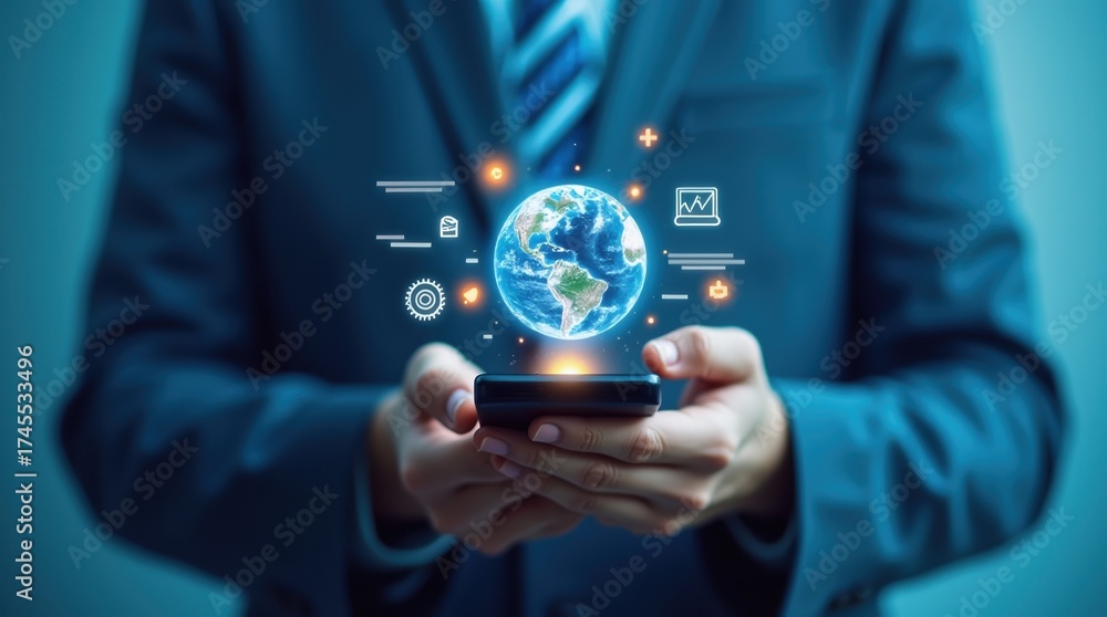 custom made wallpaper toronto digitalBusinessman holding a smartphone with a futuristic digital globe and icons
