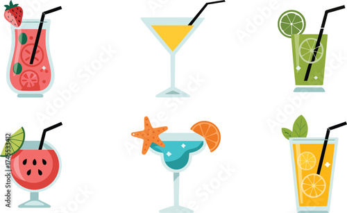 Collection of six colorful tropical cocktails and drinks with garnishes