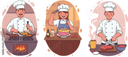 Professional chefs cooking and baking in kitchen, culinary experts preparing gourmet dishes and desserts, restaurant and food concept, flat cartoon vector illustration