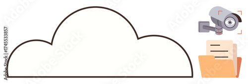 Cloud outline linked with a CCTV camera and file folder represents secure data storage. Ideal for cybersecurity, tech, cloud computing, privacy, file sharing, monitoring, secure access. A simple flat