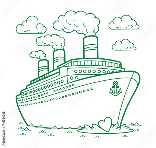 A green outline drawing of a cruise ship sailing through the ocean with smoke coming from its chimneys and clouds in the sky