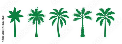 Collection of Five Green Palm Tree Silhouettes on White Background