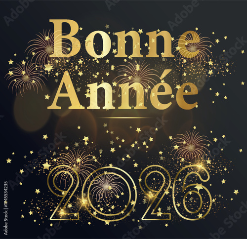 Carte ou bandeau pour souhaiter une bonne année 2026 en or sur un fond noir avec des feux d'artifices et des étoiles de couleur or et des ronds en effet bokeh