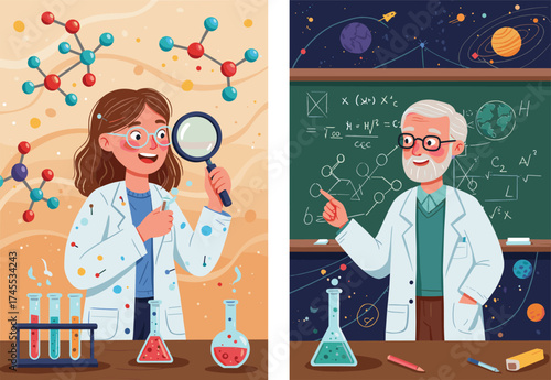 Science teacher and student in laboratory, chemistry and physics education concept with molecules, blackboard and space background, vector  teacher and student in laboratory, chemistry and physics 