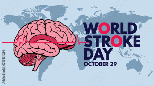 Vector art of world stroke day world stroke day illustration 29th with brain illustration on world map background