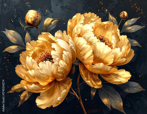 Two opulent golden peonies on a dark textured background
