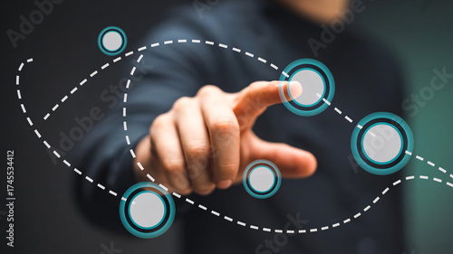 Modern business solution concept with hand interacting with digital touchpoints