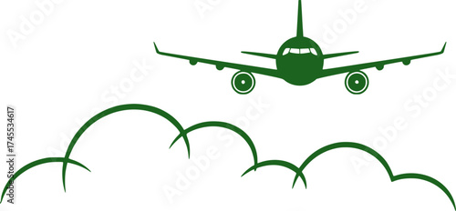 Green Airplane Flying Above Stylized Clouds