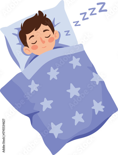 Sleeping child in cozy bed, peaceful night rest with blue star blanket, cute boy dreaming, bedtime relaxation concept, flat cartoon vector illustration