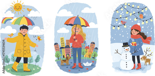 Seasons change concept with kids in spring rain, autumn city, and winter snow, colorful playful weather scene vector illustration