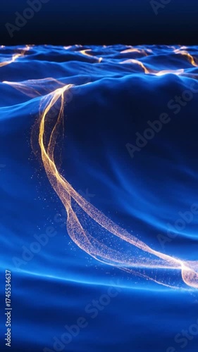 青い水面上の黄金色のライトの抽象的な波