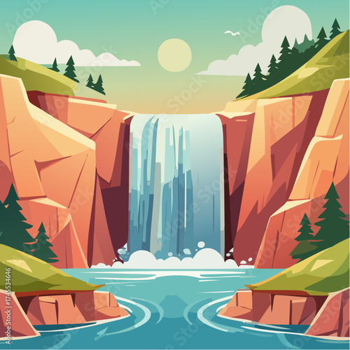 Waterfall landscape with rocky cliffs and sunny sky