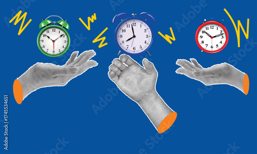 Creative Concept of Hands Reaching for Vibrating Alarm Clocks Symbolizing Time Management, Deadlines, and Productivity Pressure