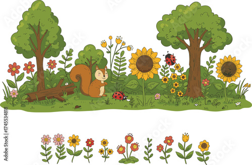 Spring forest landscape with cute squirrel, sunflowers, trees, and wildflowers, charming nature garden scene for kids design, vector illustration