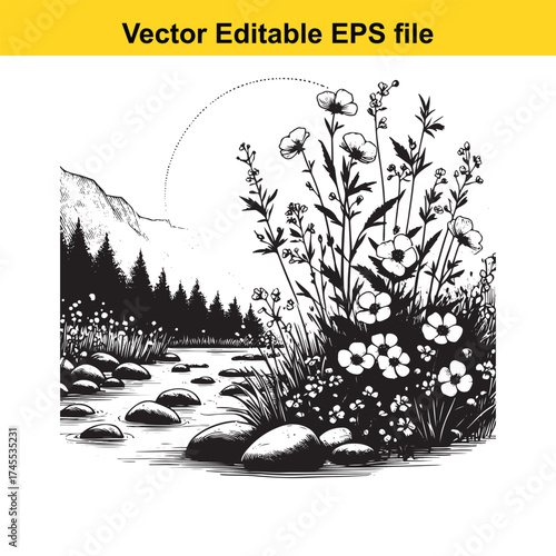 Vector art of black and white illustration of wildflowers by a stream with mountains in background