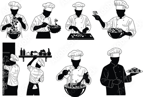 Chef activity icon set, kitchen silhouette vector, food preparation, garnishing, chopping, stirring, teamwork, culinary art, line illustration
