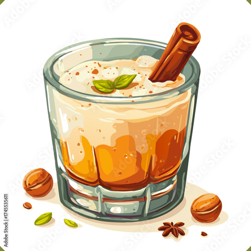 Vector illustration of a glass of eggnog with cinnamon stick, nutmeg, and spices, decorated with mint leaves, isolated on a white background. Vector illustration of winter beverage on white background