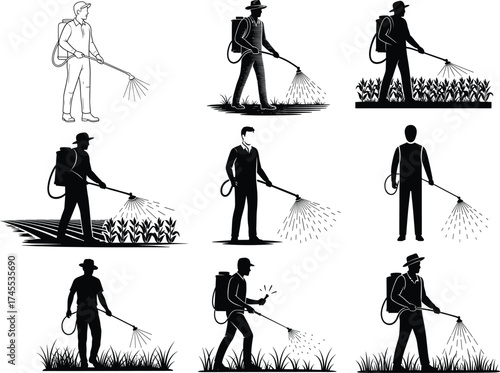 Crop spraying icon set, farmer silhouette vector, backpack sprayer, pesticide application, field work, agriculture, rural labor, line illustration