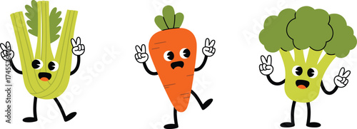 Cartoon vegetables with faces and arms dancing and having fun